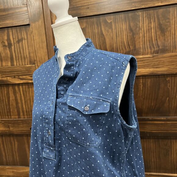 LRL Lauren Jeans Tunic Shirt Women S Sleeveless Polka Dot Denim Button Chambray - Picture 4 of 16